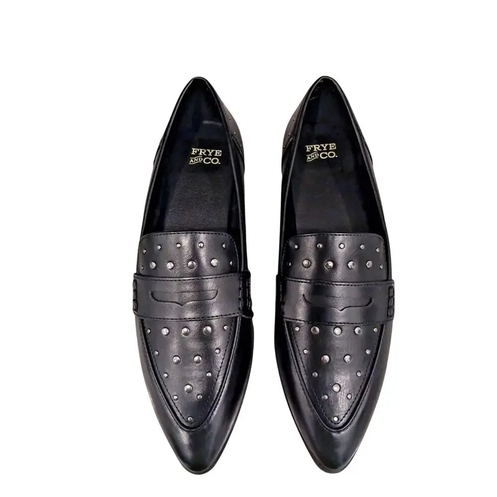 Frye & Co Black Faux Leather Moccasin Studded Penny Loafers Flats Wmns. 8.5 NEW